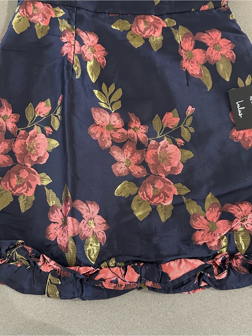 Lulus Navy Blue Floral Jacquard Off Shoulder Ruffle Mini Dress NWT Size S - Picture 7 of 10